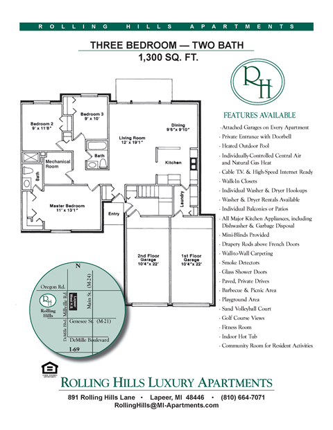 Floor plan for 3 beds, 2 baths, 1300 sqft